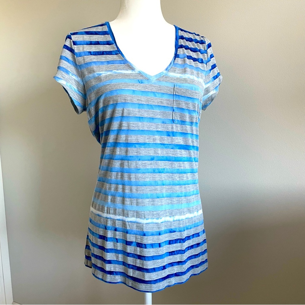 Calvin Klein Burnout Long Tee, V-neck top, blue gray stripes, stretch, Medium